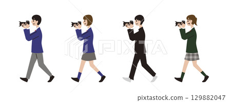 High school students walking around with cameras taking photos 129882047