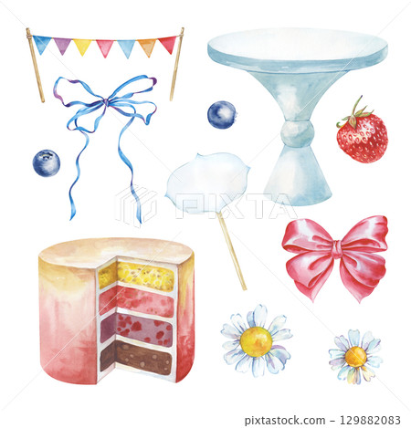 A set with a cake and a set of hand-drawn elements for decorating the cake. Watercolor illustrations. Holiday clipart. A set with a cake and a set of hand-drawn elements for decorating the cake. Watercolor illustrations. Holiday clipart. 129882083