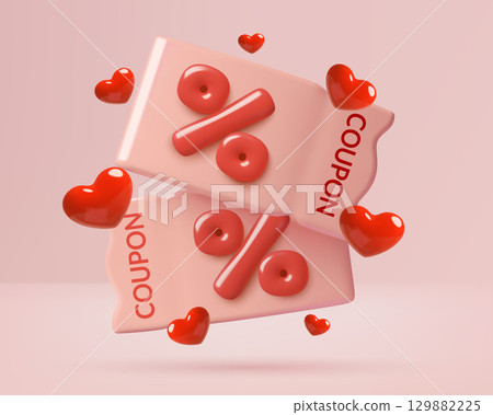 3d pink coupons icon with percentage sign and red hearts for Valentines Day sale and discount 129882225