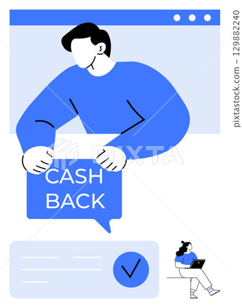 Man holding cash back sign on computer screen with woman working on laptop. Ideal for finance, rewards programs, e-commerce, online shopping, marketing, promotions, digital transactions. Line Man holding cash back sign on computer screen with woman working on laptop. Ideal for finance, rewards programs, e-commerce, online shopping, marketing, promotions, digital transactions. Line 129882240