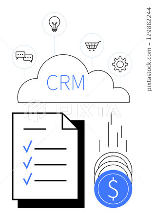 Cloud labeled CRM connected to icons for chat, lightbulb, shopping cart, and gear. Below, checklist with check marks and coins with dollar signs. Ideal for business, finance, project management 129882244