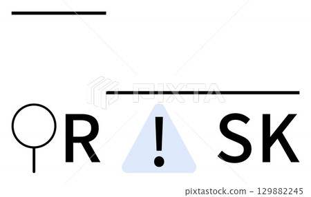 Magnifying glass, exclamation mark inside a triangle, and the word RISK represented with minimalistic elements. Ideal for safety warnings, risk management, caution signs, business security, financial 129882245