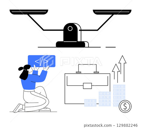 Female coder holding coding sign, balance scale, briefcase, rising graph, and coins symbolizing earnings. Ideal for career planning, work-life balance, women in tech, business growth financial 129882246