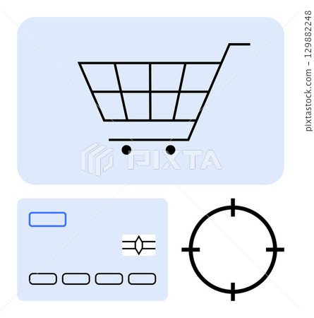Shopping cart, credit card, and focus target, emphasizing online shopping. Ideal for e-commerce, retail, finance, marketing consumer behavior digital transactions targeting consumers. Line 129882248