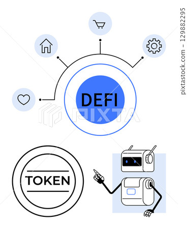 DEFI token symbol connected to home shopping cart, gear, and heart icons. Robot character pointing. Ideal for technology, finance, decentralization, blockchain, cryptocurrency, smart contracts DEFI token symbol connected to home shopping cart, gear, and heart icons. Robot character pointing. Ideal for technology, finance, decentralization, blockchain, cryptocurrency, smart contracts 129882295