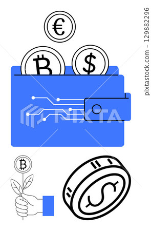 Digital wallet storing Bitcoin, Dollar, and Euro coins, symbolizing digital transactions. Hand holding a Bitcoin plant for financial growth. Ideal for finance, investments, banking, startups tech Digital wallet storing Bitcoin, Dollar, and Euro coins, symbolizing digital transactions. Hand holding a Bitcoin plant for financial growth. Ideal for finance, investments, banking, startups tech 129882296