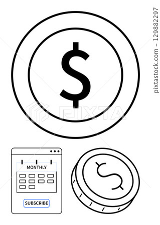 Large and small dollar coins next to a monthly subscription calendar. Ideal for finance, budgeting, subscriptions, investments, savings, online payments, and e-commerce. Line metaphor 129882297