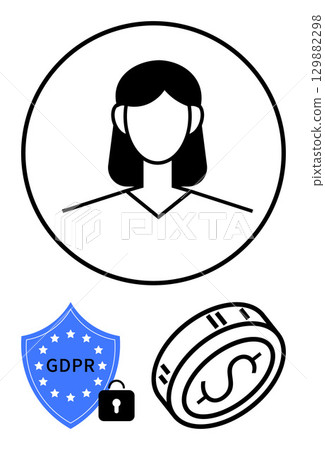 Female user avatar, GDPR shield with lock, and dollar coin highlighting data protection, privacy, and financial security. Ideal for data protection, privacy, finance, legal security business Female user avatar, GDPR shield with lock, and dollar coin highlighting data protection, privacy, and financial security. Ideal for data protection, privacy, finance, legal security business 129882298