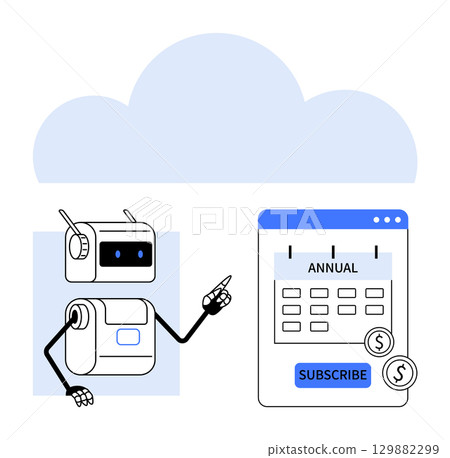 Robot with a gesture pointing at a subscription calendar marked Annual with a Subscribe button. Ideal for automation, AI, digital subscriptions, cloud services, technology, fintech, and futuristic Robot with a gesture pointing at a subscription calendar marked Annual with a Subscribe button. Ideal for automation, AI, digital subscriptions, cloud services, technology, fintech, and futuristic 129882299