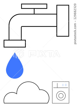 Faucet releasing a blue water droplet near a cloud and a washing machine. Ideal for environmental sustainability, water usage, education, household management, resource conservation, plumbing, green Faucet releasing a blue water droplet near a cloud and a washing machine. Ideal for environmental sustainability, water usage, education, household management, resource conservation, plumbing, green 129882320