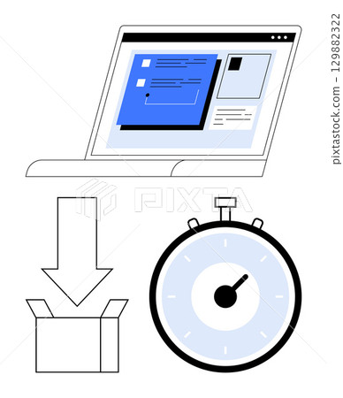 Laptop with online shopping interface, down arrow to open box, stopwatch representing fast delivery. Ideal for e-commerce, online shopping, delivery services, technology, time management, logistics 129882322
