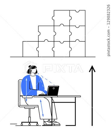Puzzles interconnected above a person at a desk with a laptop and an arrow points upward. Ideal for themes of problem-solving, growth, strategy, focus, innovation, productivity, success. Line Puzzles interconnected above a person at a desk with a laptop and an arrow points upward. Ideal for themes of problem-solving, growth, strategy, focus, innovation, productivity, success. Line 129882326