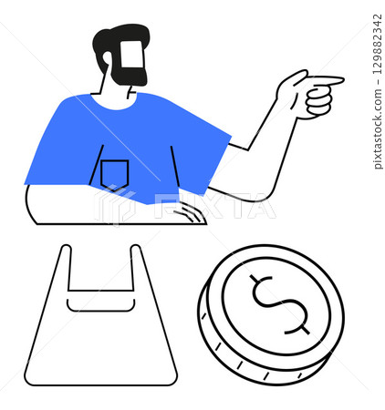 Man pointing with hand, plastic shopping bag, dollar coin. Ideal for e-commerce, retail marketing, financial education, consumer behavior, online shopping sales strategy budgeting. Line metaphor Man pointing with hand, plastic shopping bag, dollar coin. Ideal for e-commerce, retail marketing, financial education, consumer behavior, online shopping sales strategy budgeting. Line metaphor 129882342