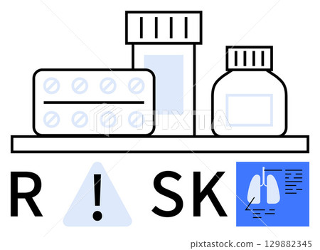 Medications on a shelf, surrounding the word RISK with a warning sign, and lungs graphic. Ideal for medical advisories, pharmaceutical warnings, health education, risk management, drug safety 129882345