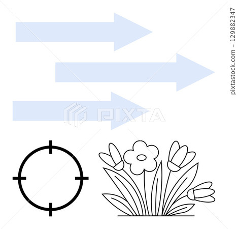 Blue arrows pointing right, target symbol, blooming flowers. Ideal for goal setting, progress, achievement, strategy, growth focus direction aspirations. Line metaphor 129882347