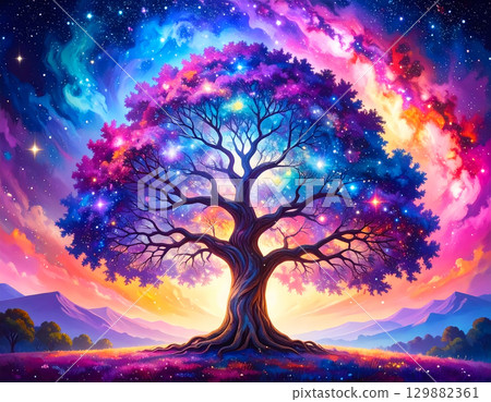 Majestic tree of life with colorful leaf under magical fantasy galaxy sky. spiritual nature landscape creating sense of wonder Majestic tree of life with colorful leaf under magical fantasy galaxy sky. spiritual nature landscape creating sense of wonder 129882361