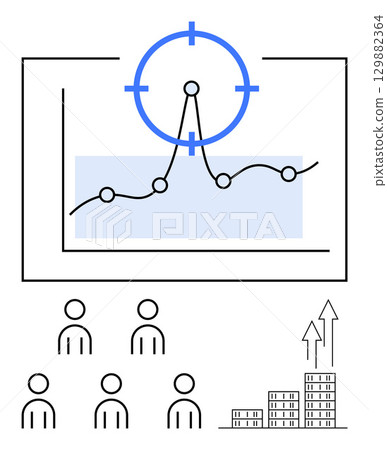 Graph chart with a blue target symbol, audience below in simple figures and growth chart with up arrows. Ideal for business analysis, strategy, goal setting, audience insight, progress tracking 129882364