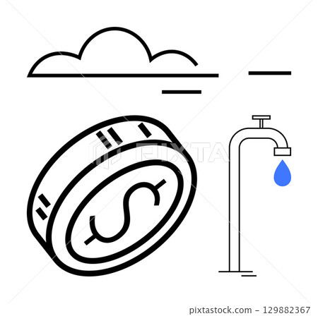 Dollar coin, water faucet with blue droplet, cloud and lines. Ideal for finance, budgeting, economics, resource management, financial planning investment sustainability. Line metaphor Dollar coin, water faucet with blue droplet, cloud and lines. Ideal for finance, budgeting, economics, resource management, financial planning investment sustainability. Line metaphor 129882367