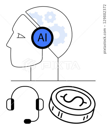 Head illustration with AI on headset, gears in brain area, headset, and dollar coin. Ideal for technology, AI, customer service, fintech automation innovation finance themes. Line metaphor 129882372