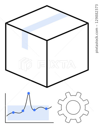Cardboard box graph gear symbolizing logistics data analytics, optimization, precision, innovation, technology. Ideal for logistics strategies, delivery services, tech integration, packaging 129882373