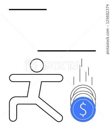Simplified human figure running towards falling blue coins with dollar sign. Ideal for finance, investment, savings, economic growth, business strategy, wealth management, financial planning. Line 129882374