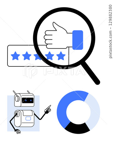 Magnifying glass with thumbs up and star rating, robot pointing, and blue-black circular chart. Ideal for customer feedback, automation, reviews, satisfaction, analytics, robotics, data 129882380