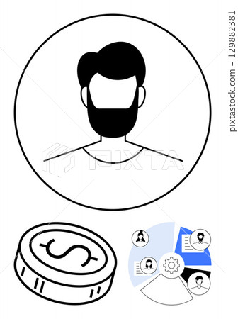 Businessman profile inside a circle, dollar coin, cogwheel with avatars in flowchart. Ideal for finance, business, networking, startups, entrepreneurship management and team collaboration. Line 129882381