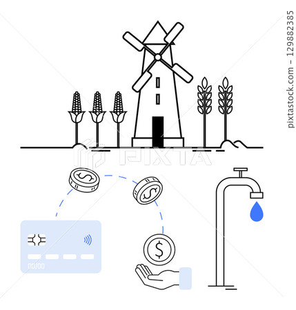 Windmill generating energy, corn crops growing, tap with water drop, digital card, and hand holding coin. Ideal for sustainable farming, renewable energy, digital payments, water management fintech Windmill generating energy, corn crops growing, tap with water drop, digital card, and hand holding coin. Ideal for sustainable farming, renewable energy, digital payments, water management fintech 129882385