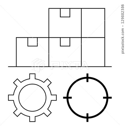 Stacked boxes, gear symbol, and target icon emphasizing inventory management. Ideal for logistics, supply chain, warehouse operations, productivity tools, business processes, organizational Stacked boxes, gear symbol, and target icon emphasizing inventory management. Ideal for logistics, supply chain, warehouse operations, productivity tools, business processes, organizational 129882386