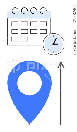 Calendar clock and location marker combined with upward arrow. Ideal for travel, schedule management, planning, organization, deadlines, navigation, productivity. Line metaphor Calendar clock and location marker combined with upward arrow. Ideal for travel, schedule management, planning, organization, deadlines, navigation, productivity. Line metaphor 129882405