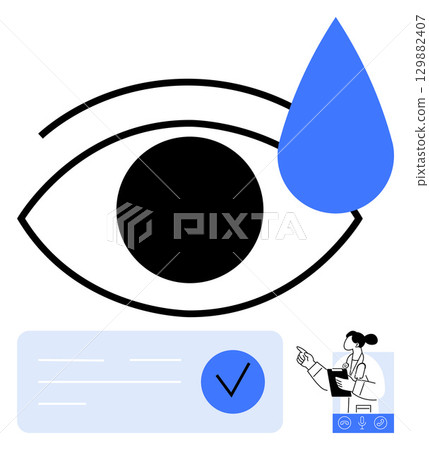 Large eye with blue tear drop symbolizes health or emotions. Doctor figure with information bubble and checkmark. Ideal for healthcare, eye care, medical consultations, information verification, eye Large eye with blue tear drop symbolizes health or emotions. Doctor figure with information bubble and checkmark. Ideal for healthcare, eye care, medical consultations, information verification, eye 129882407