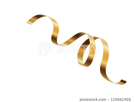Gold serpentine streamer ribbon vector background. Golden celebration paper spiral decoration isolated on white for gift, greeting, festive design 129882408