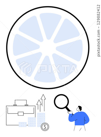 Businessman with magnifying glass, briefcase, growing bar chart, and segmented circle chart. Ideal for financial analysis, market research, business strategy, investment planning, profitability 129882412