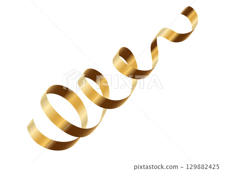 Gold serpentine streamer ribbon vector background. Golden celebration paper spiral decoration isolated on white for gift, greeting, festive design 129882425