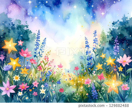 Magical watercolor illustration of whimsical fantasy flower garden landscape. Colorful star and bright light illuminate night sky background 129882488