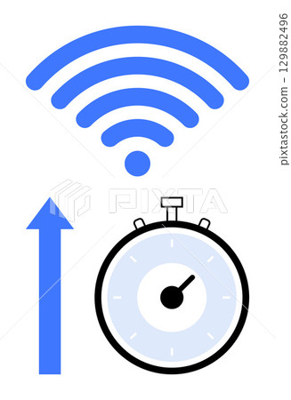 wireless symbol blue upward arrow stopwatch. Ideal for technology, internet speed, performance, efficiency, connectivity, fast service, progress themes. Line metaphor 129882496