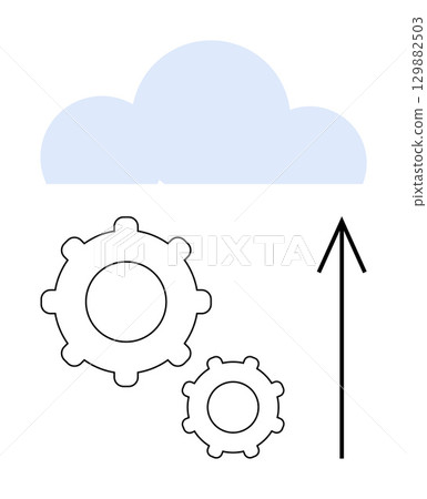 Cloud above two gears and an upward arrow indicating integration and data transfer. Ideal for IT, cloud services, data management, system automation, software updates, network solutions, business 129882503