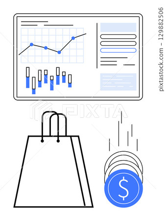 Financial graph on a screen, shopping bag and falling dollar coins. Ideal for financial reports, ecommerce, market analysis, economic trends, stock market, budgeting commerce. Line metaphor Financial graph on a screen, shopping bag and falling dollar coins. Ideal for financial reports, ecommerce, market analysis, economic trends, stock market, budgeting commerce. Line metaphor 129882506