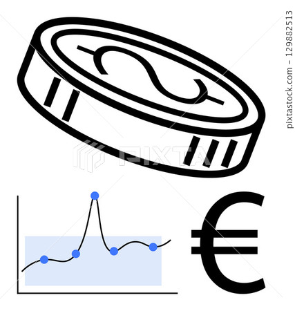 Coin with dollar symbol line graph tracking progress Euro symbol. Ideal for finance, economics, currency exchange, market trends, financial growth, investment strategies, monetary policy. Line 129882513