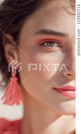 Woman with glowing skin and guava makeup highlights summer's fresh coral tones and soothing hues. 129882518