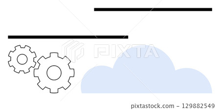 Gears and blue cloud icon connected by horizontal lines. Ideal for technology, internet, cloud computing, network infrastructure, data management, digital transformation, IT solutions. Line metaphor Gears and blue cloud icon connected by horizontal lines. Ideal for technology, internet, cloud computing, network infrastructure, data management, digital transformation, IT solutions. Line metaphor 129882549