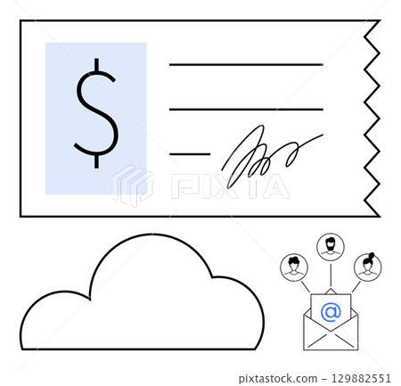 Check with dollar sign and signature, cloud storage icon, email envelope connecting to people icons. Ideal for online banking, digital payments, financial transactions, cloud services, email Check with dollar sign and signature, cloud storage icon, email envelope connecting to people icons. Ideal for online banking, digital payments, financial transactions, cloud services, email 129882551