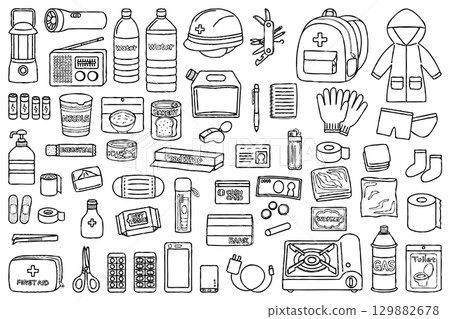 與防災背包和防災用品相關的線條插圖 129882678