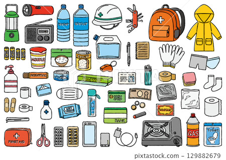 Hand-drawn illustrations of disaster preparedness backpacks and disaster preparedness supplies Hand-drawn illustrations of disaster preparedness backpacks and disaster preparedness supplies 129882679