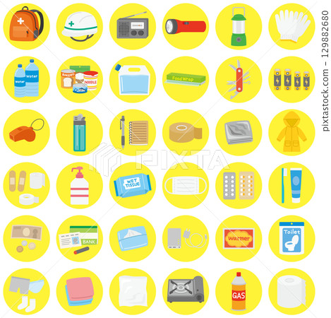 Disaster preparedness backpacks and disaster preparedness goods icons Disaster preparedness backpacks and disaster preparedness goods icons 129882680