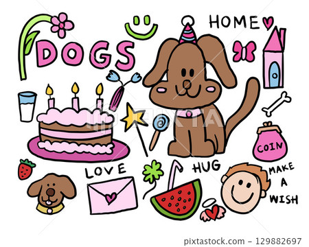 Hand drawn cute illustration of puppy wearing party hat, birthday cake, flower, DOGS letters, butterfly, watermelon, home, envelope, star, candy, milk glass, bone, kid, coin purse, heart with wings 129882697