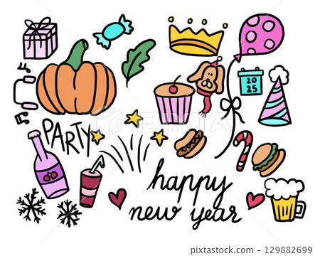 Hand drawn illustrations of pumpkin, gift box, cupcake, hotdog, burger, beer glass, candy, balloon, puppy wearing red scarf and party hat, calendar, candy cane, champagne, happy new year font, crown 129882699