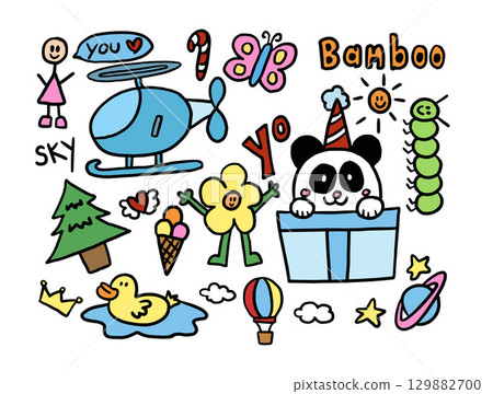 Hand drawn cute illustration of helicopter, panda in a gift box, butterfly, ice cream cone, Christmas tree, duck in lake, worm, stick woman, sun, happy flowers for decorations, stickers, patch, brooch 129882700