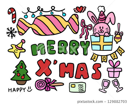 Hand drawn Christmas illustrations of Christmas tree, candy, pink bunny with party hat, gift box, ribbon, lights, candy cane, letters, champagne, ornaments for decorations, sticker, cartoon, icons Hand drawn Christmas illustrations of Christmas tree, candy, pink bunny with party hat, gift box, ribbon, lights, candy cane, letters, champagne, ornaments for decorations, sticker, cartoon, icons 129882703