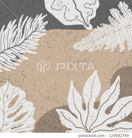 tropical background with palm leaves and feathers 129882769
